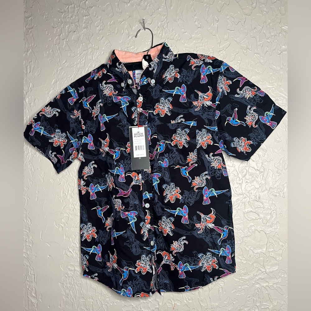 Vibrant Kids' Navy Button Down Shirt with Colorful Graphics